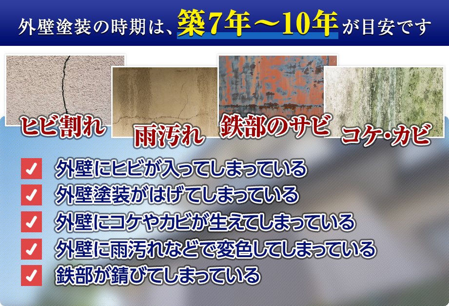 外壁塗装の時期は築7年〜築10年が目安です。